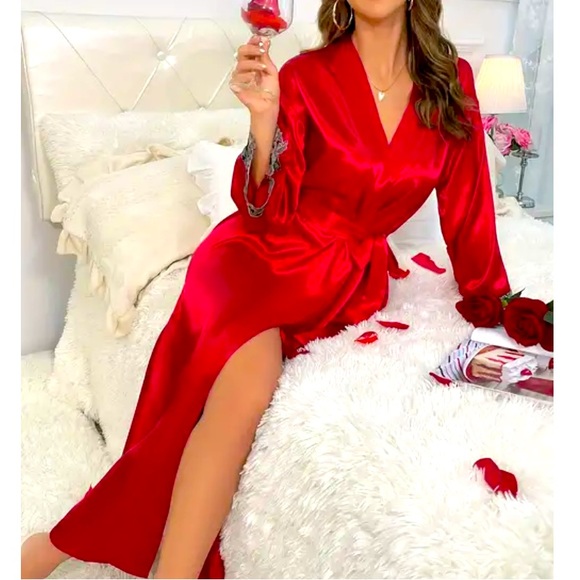 Enchanting Other - ENCHANTED Red Satiny Silk Long Belted Sheer Detail Robe NWT